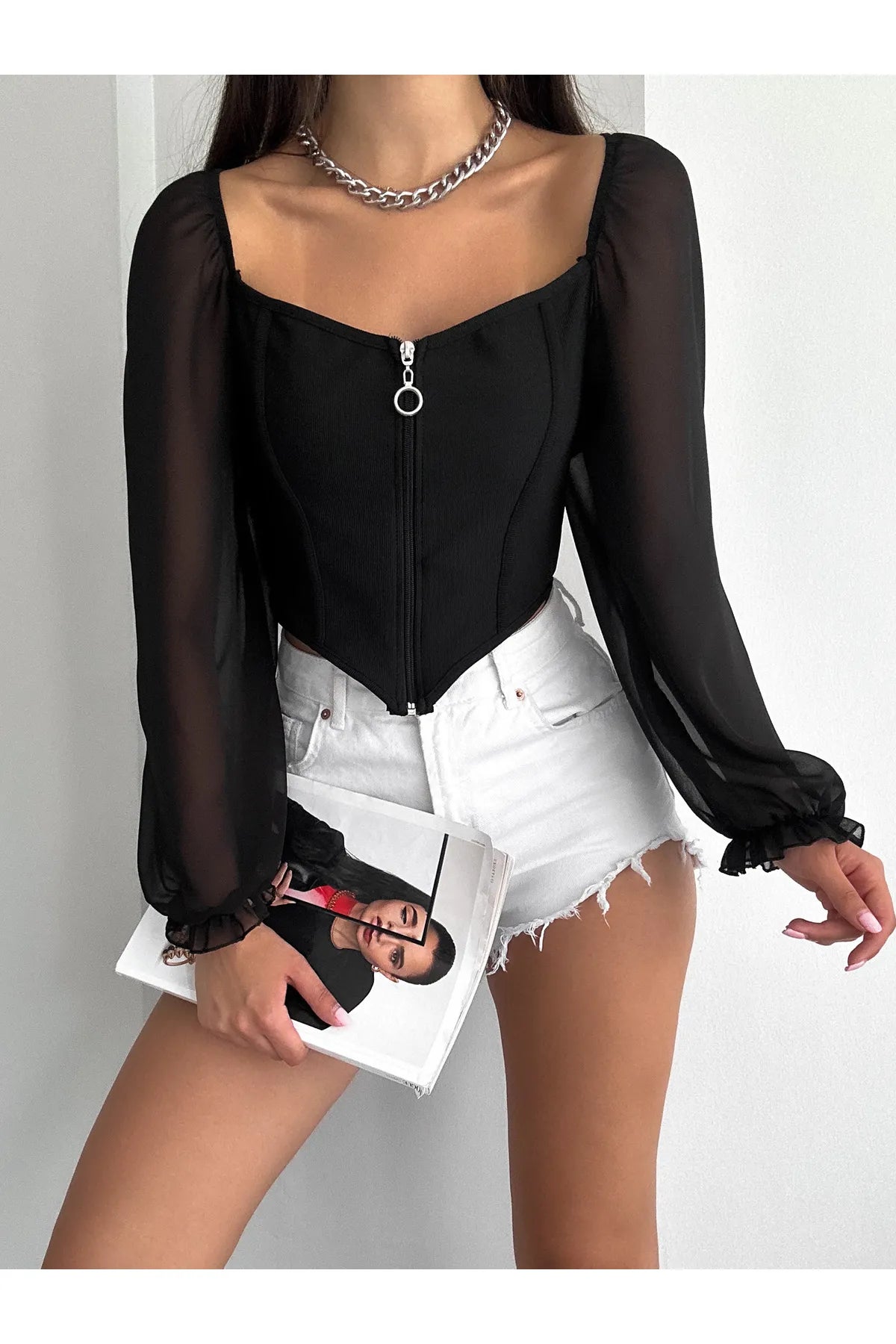 Zippered Chiffon Blouse Black BG-0496