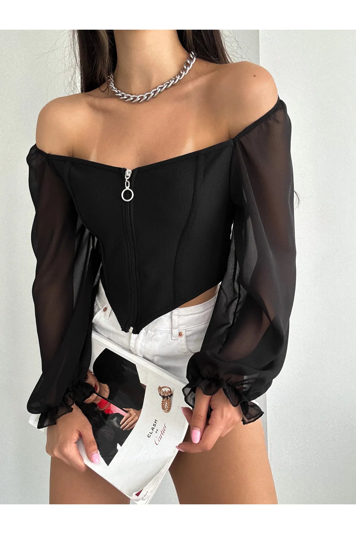 Zippered Chiffon Blouse Black BG-0496
