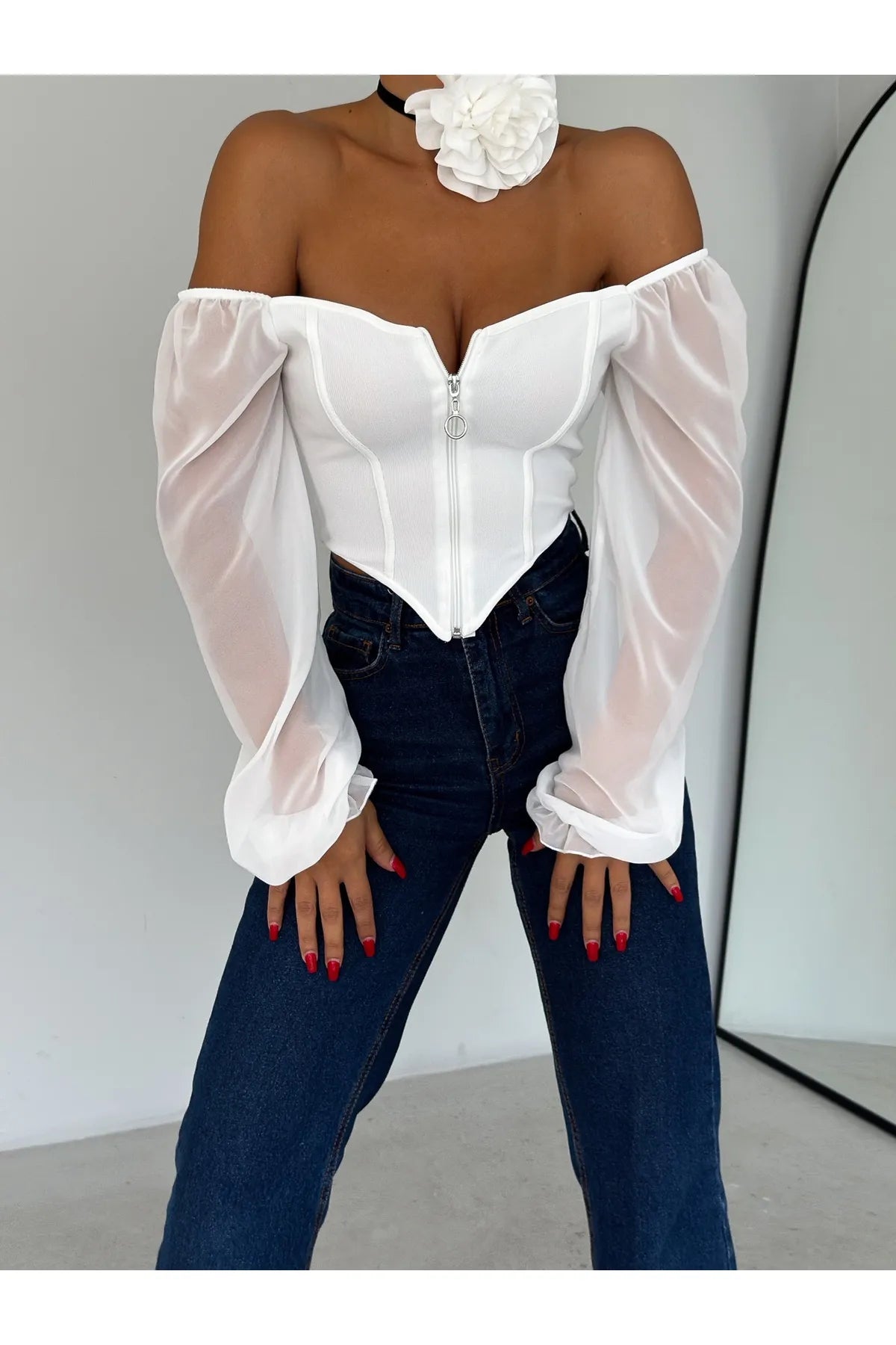 Zippered Chiffon Blouse White BG-0496