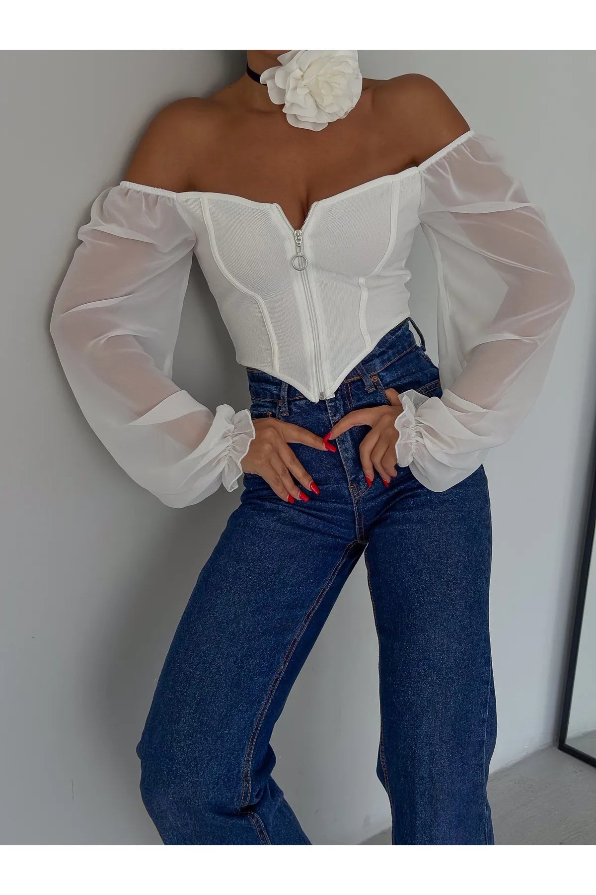 Zippered Chiffon Blouse White BG-0496