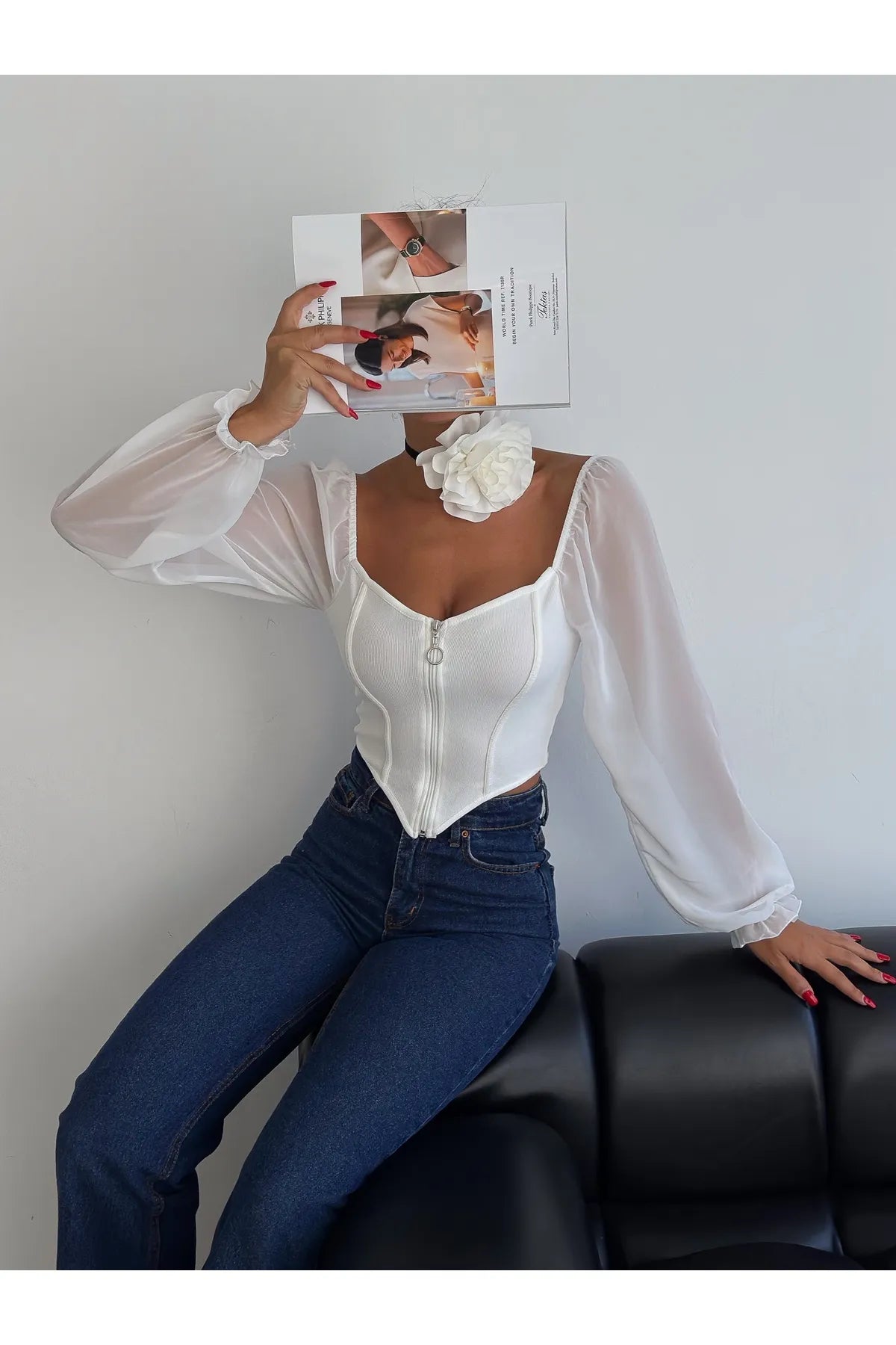 Zippered Chiffon Blouse White BG-0496