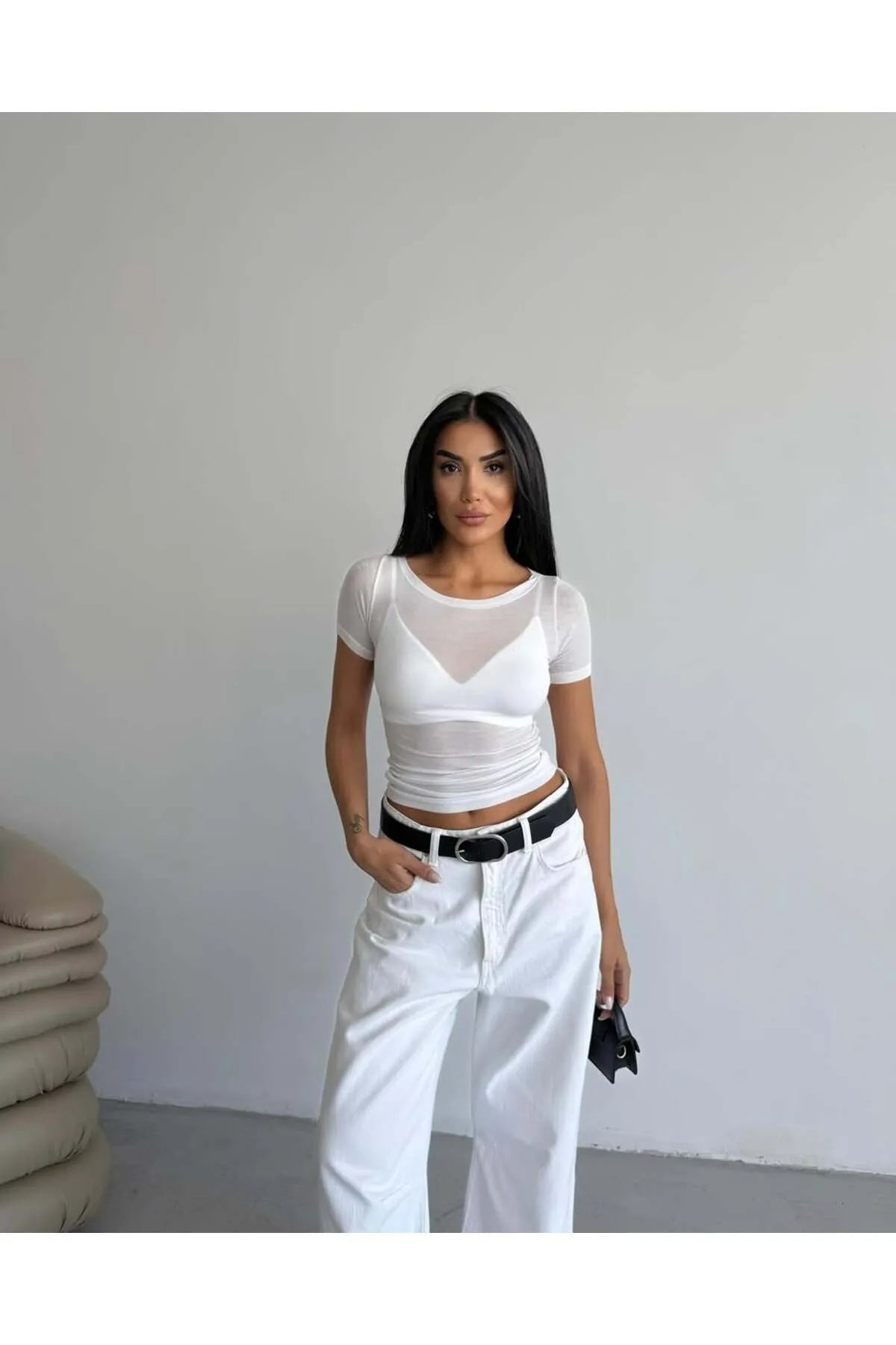 Short Sleeve Boat Neck Transparent Crop MW-1466