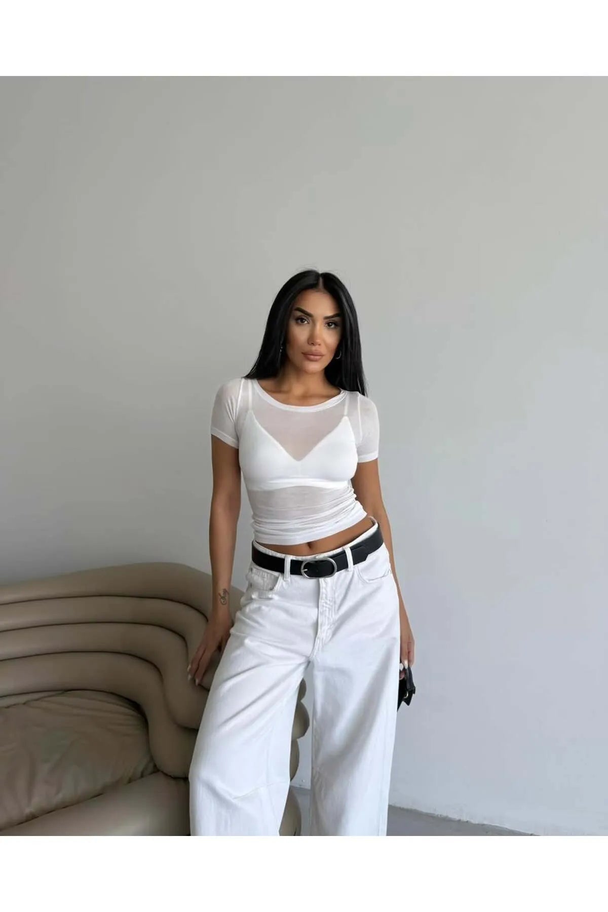 Short Sleeve Boat Neck Transparent Crop MW-1466
