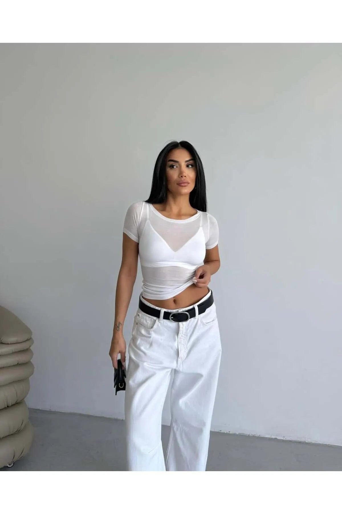 Short Sleeve Boat Neck Transparent Crop MW-1466
