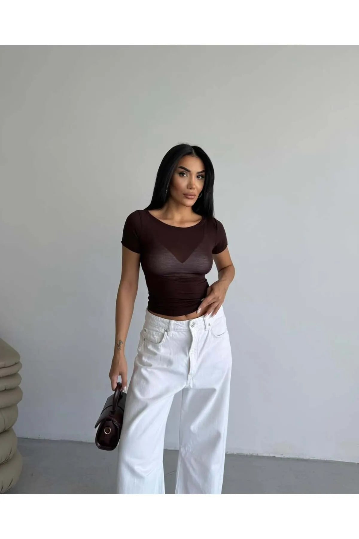 Short Sleeve Boat Neck Transparent Crop MW-1466