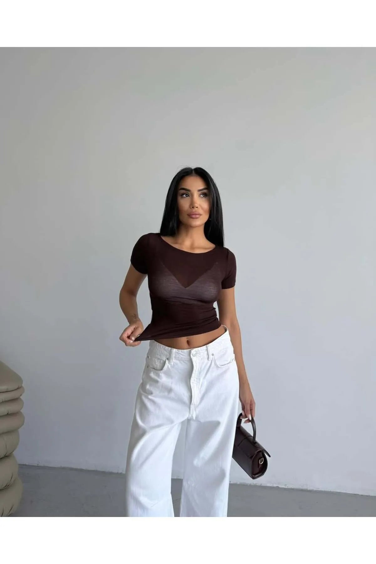 Short Sleeve Boat Neck Transparent Crop MW-1466