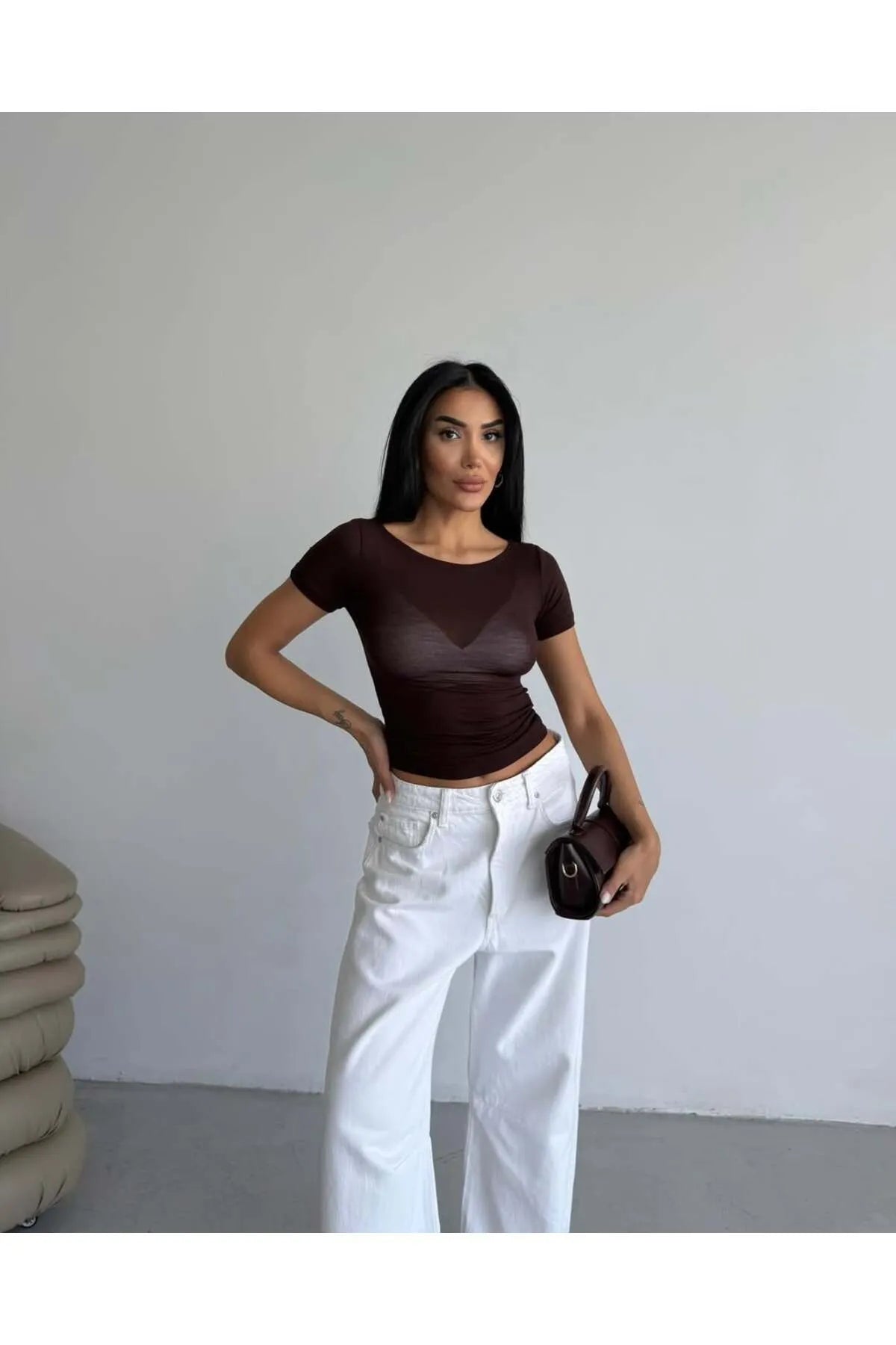 Short Sleeve Boat Neck Transparent Crop MW-1466
