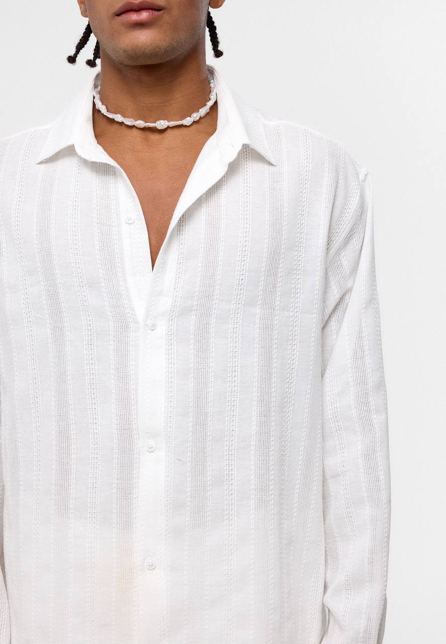 Oversize Şerit Detaylı Erkek Beyaz Gömlek EOL-15525