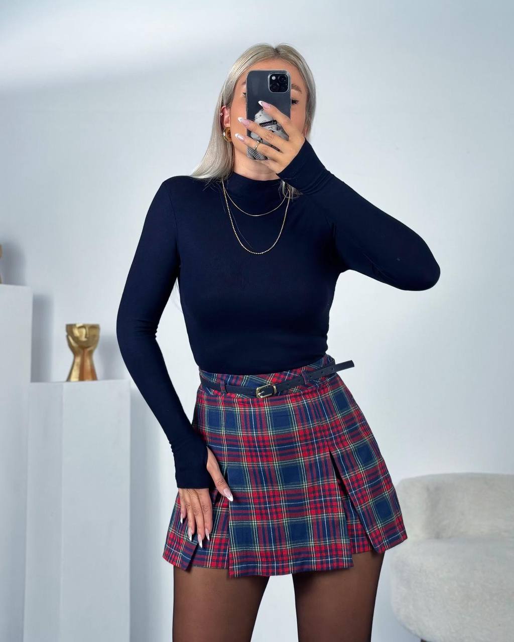 Ekoseli Kemerli Mini Etek MNT-301125