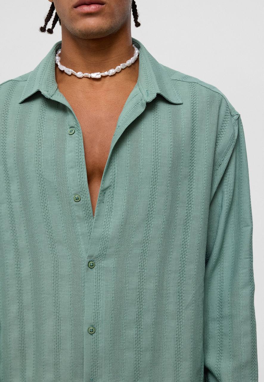 Oversize Şerit Detaylı Erkek Yeşil Gömlek EOL-15525