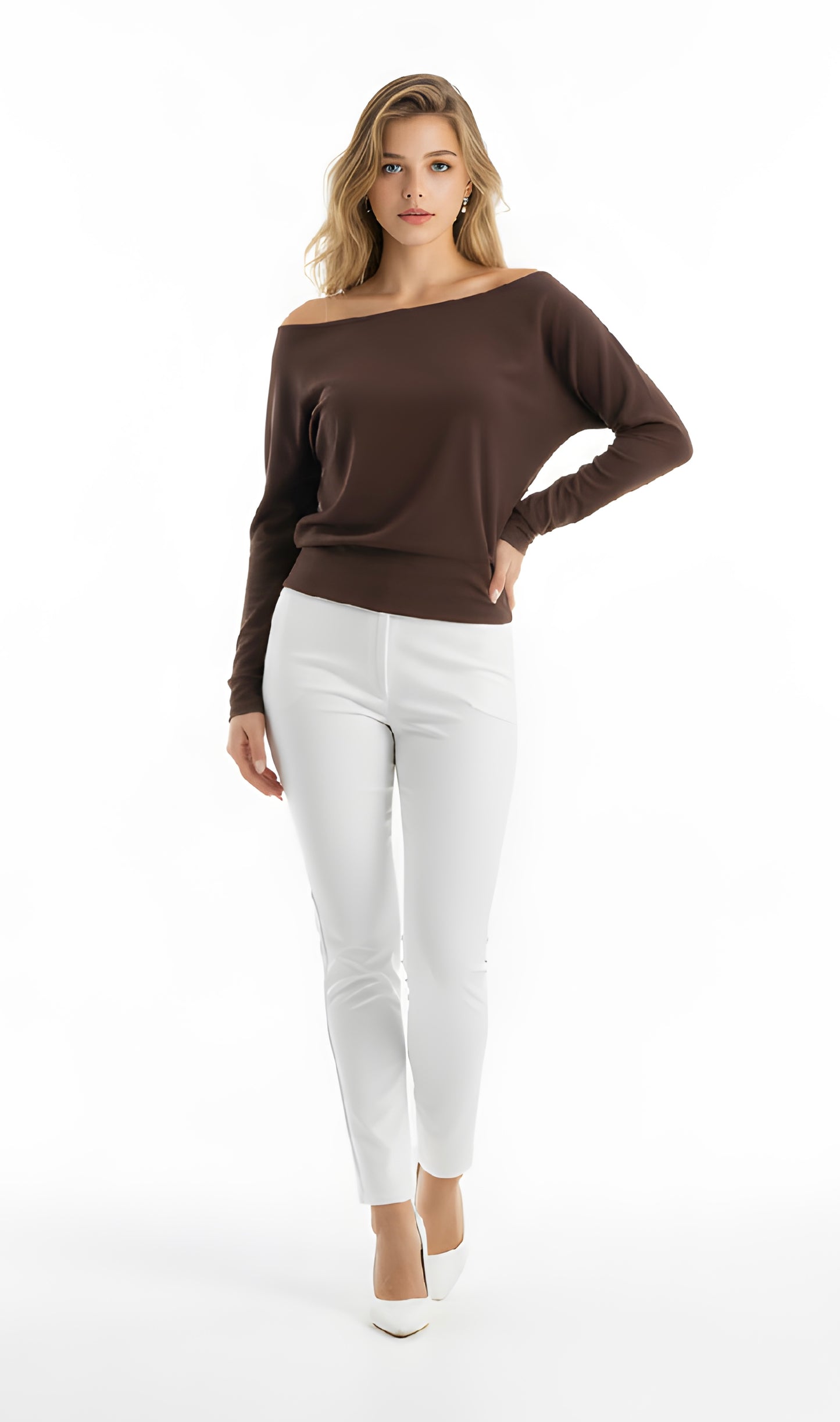 Kahverengi Kayık Yaka Bluz