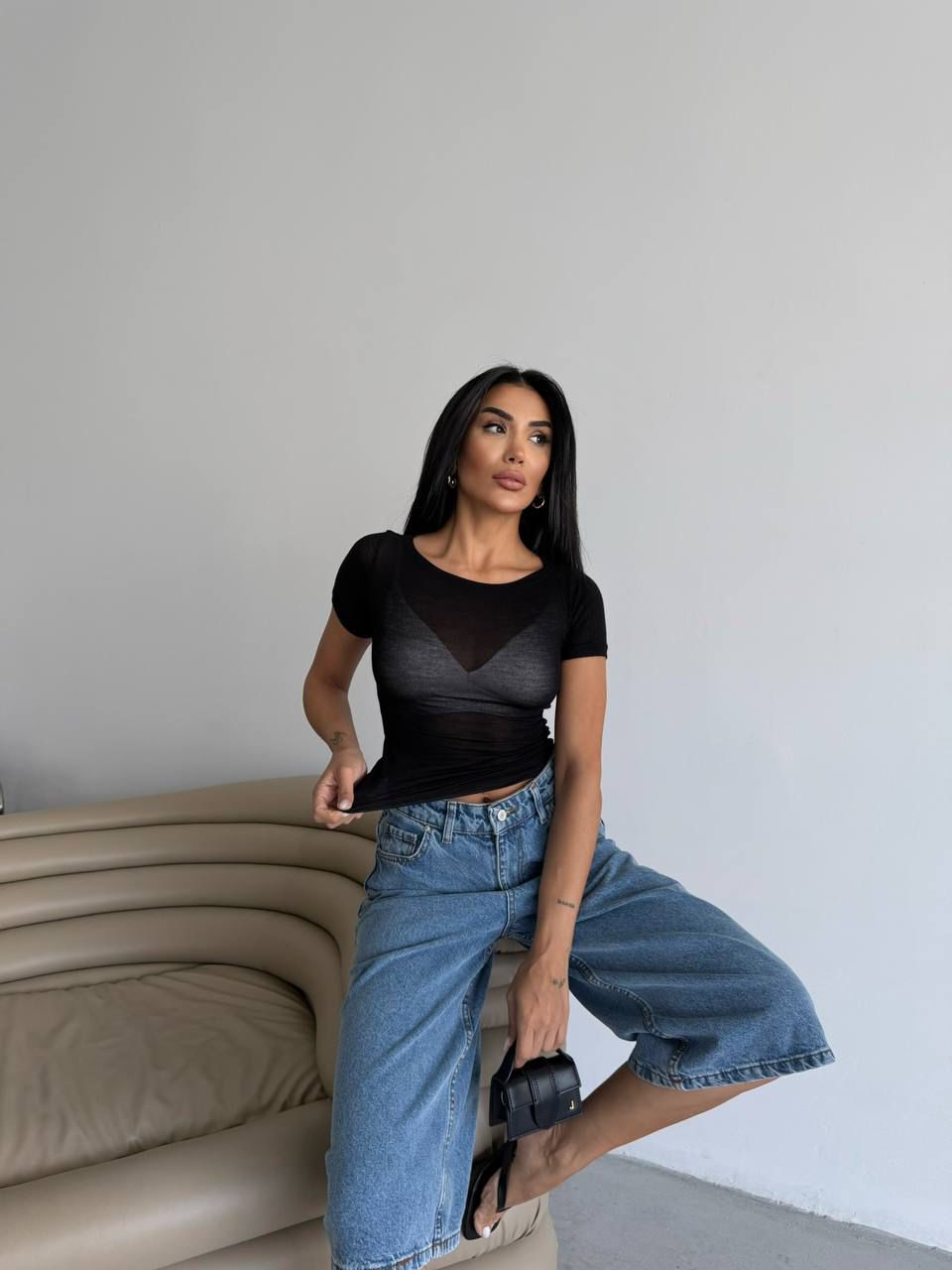Short Sleeve Boat Neck Transparent Crop MW-1466