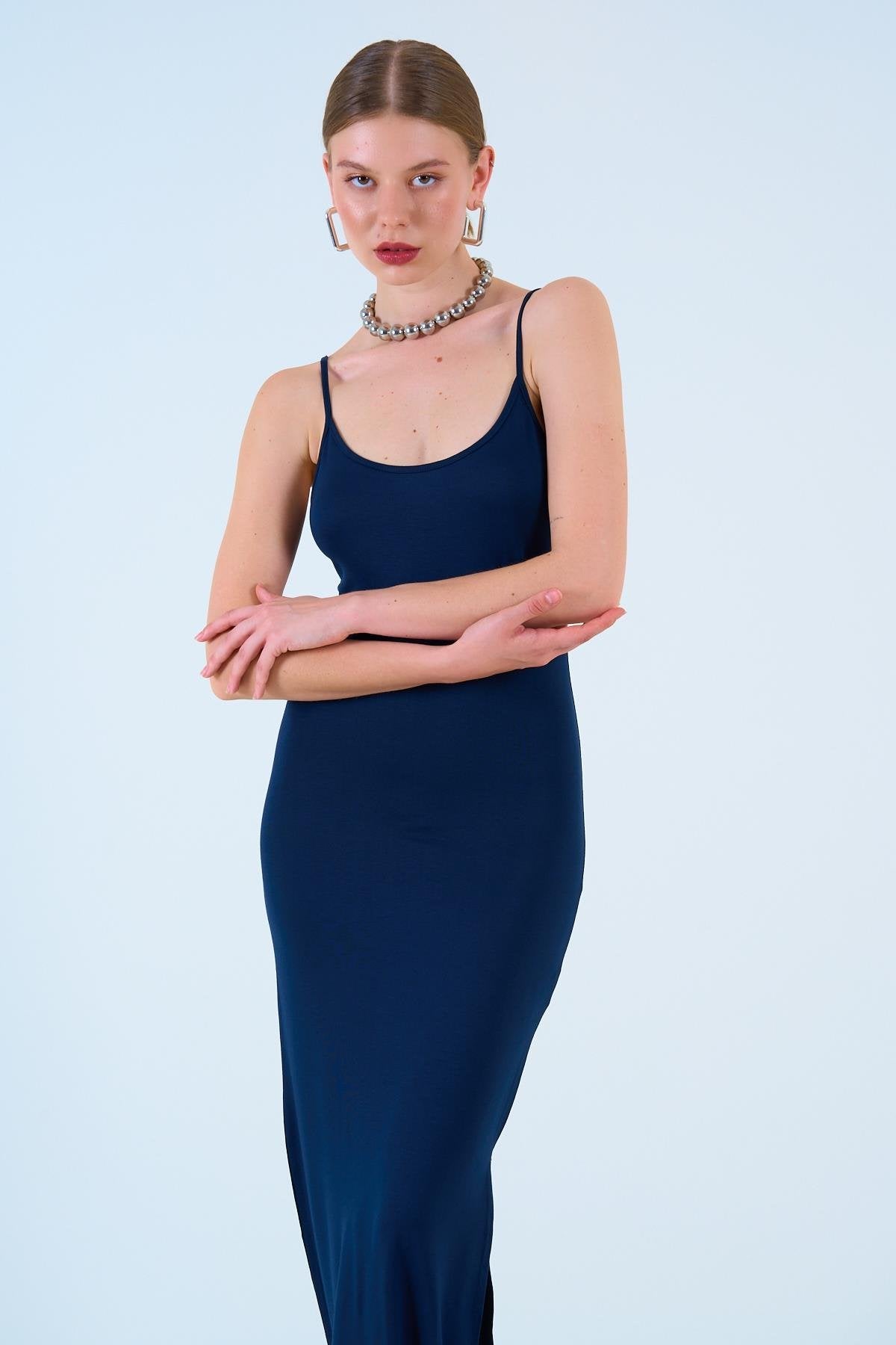 Navy Blue Strappy Viscose Dress QU-ÖE241010