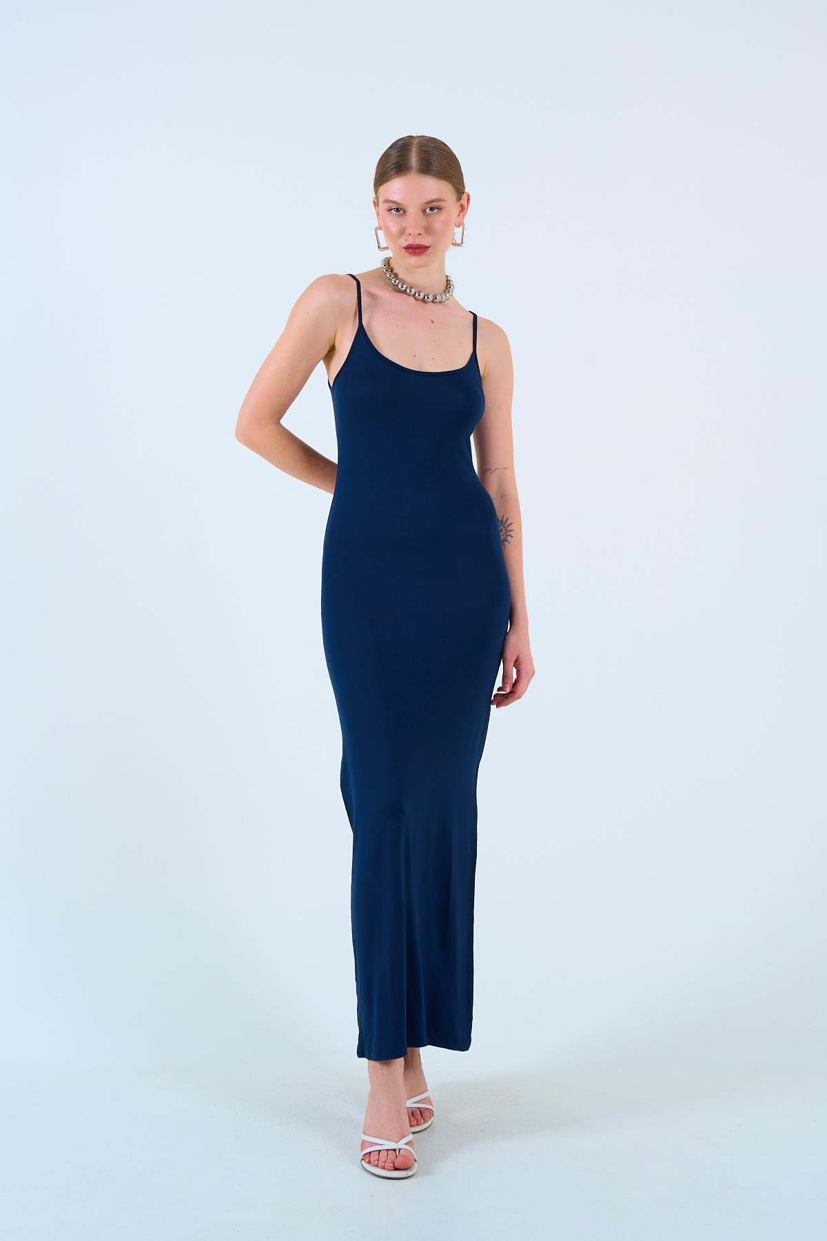 Navy Blue Strappy Viscose Dress QU-ÖE241010