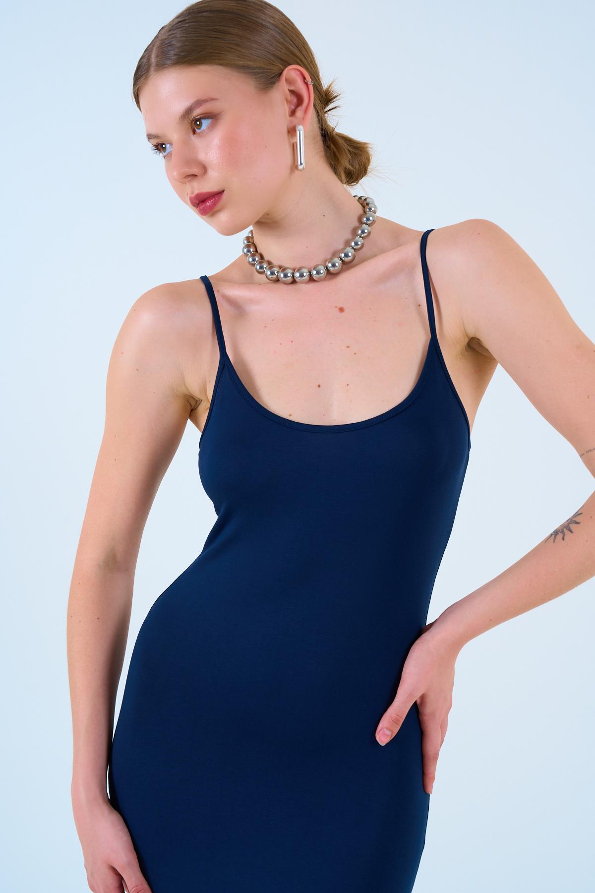 Navy Blue Strappy Viscose Dress QU-ÖE241010