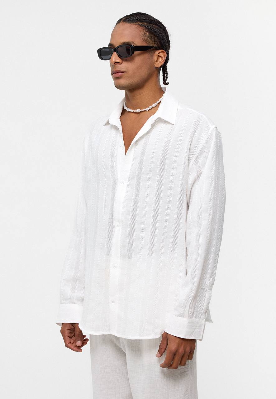 Oversize Şerit Detaylı Erkek Beyaz Gömlek EOL-15525