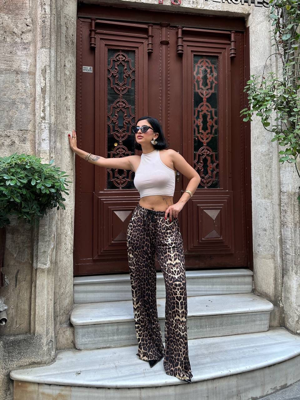 Leopar Desenli Bol Paça Pantolon