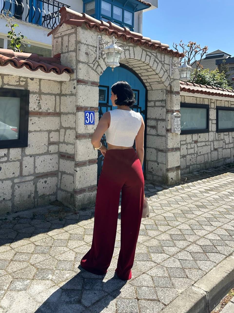 Kemersiz Yüksek Bel Bordo Palazzo Pantolon