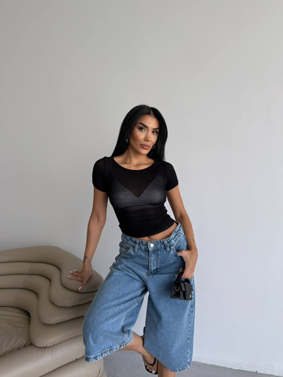 Short Sleeve Boat Neck Transparent Crop MW-1466