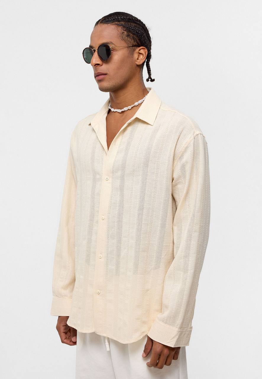 Oversize Şerit Detaylı Erkek Krem Gömlek EOL-15525