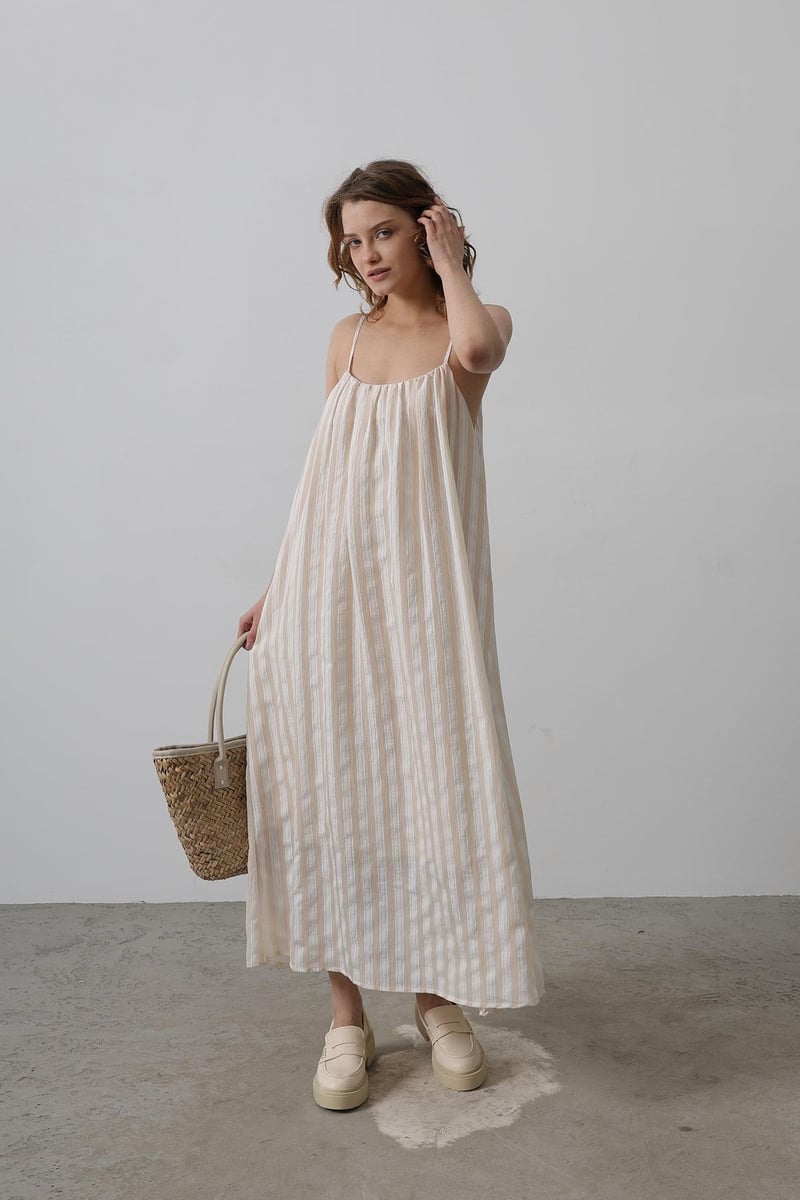 Strap Stripe Pattern Dress-Stone RY-35429