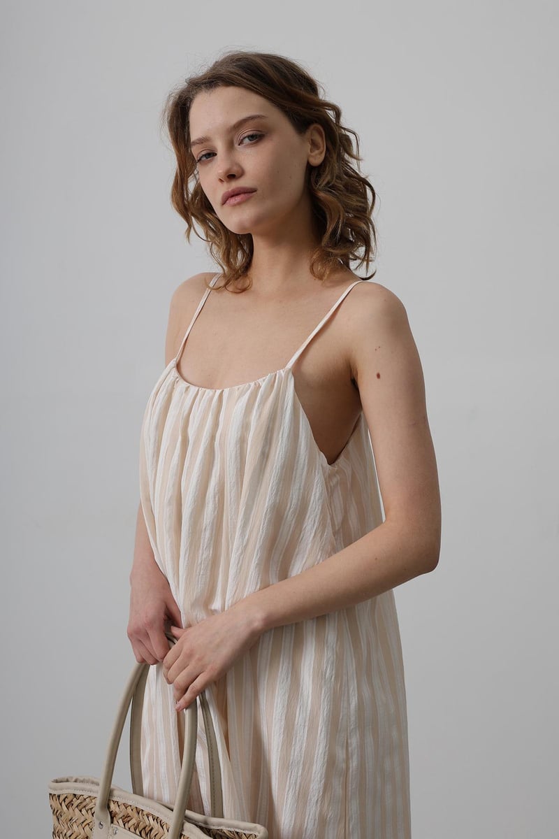 Strap Stripe Pattern Dress-Stone RY-35429