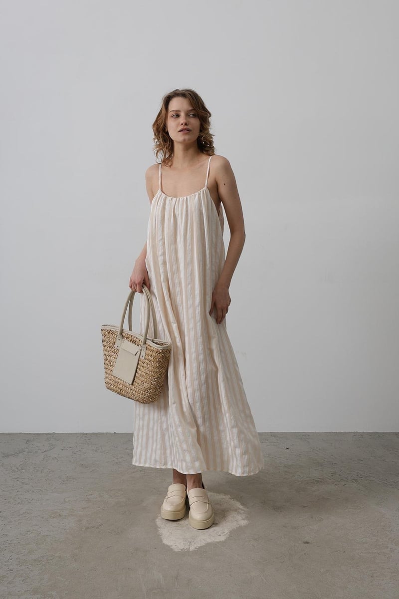 Strap Stripe Pattern Dress-Stone RY-35429