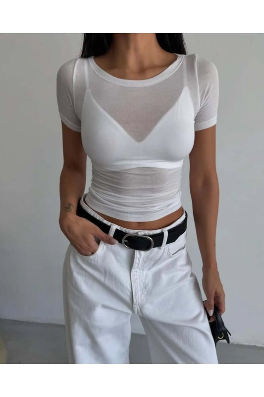 Short Sleeve Boat Neck Transparent Crop MW-1466
