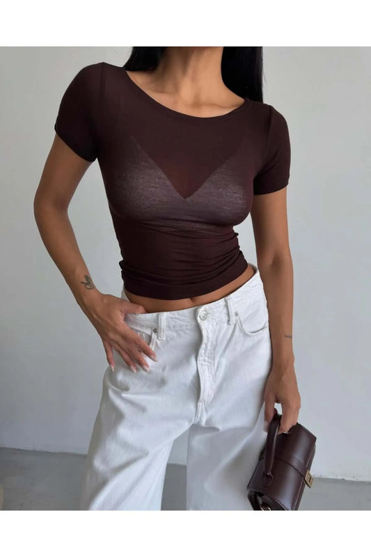 Short Sleeve Boat Neck Transparent Crop MW-1466