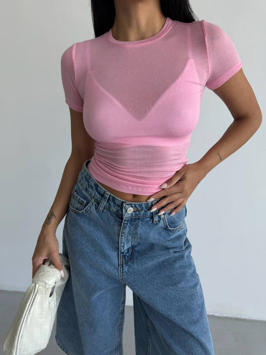 Short Sleeve Boat Neck Transparent Crop MW-1466