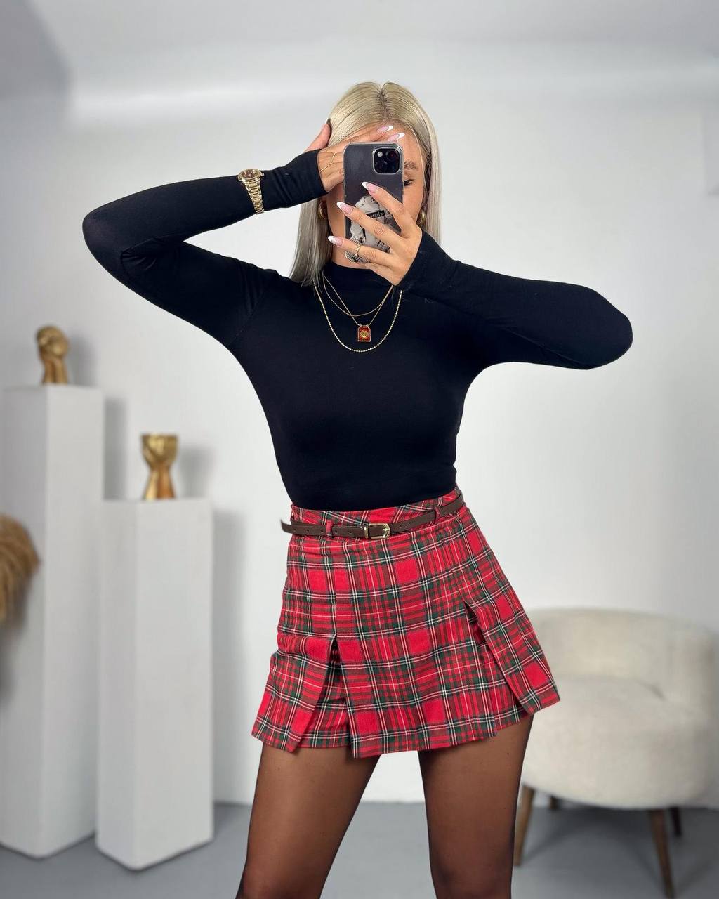 Ekoseli Kemerli Mini Etek MNT-301125