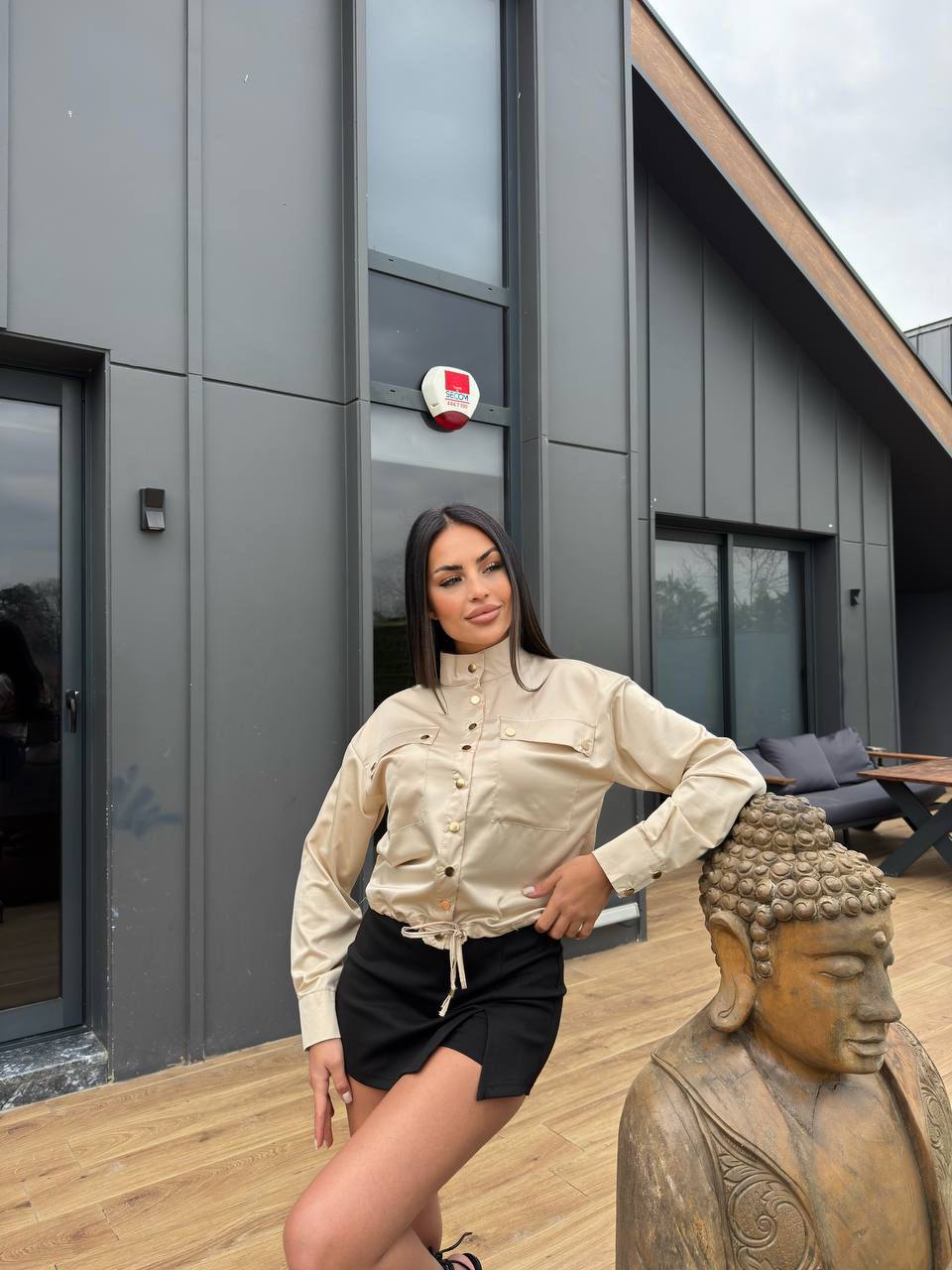 Saten Düğmeli Gömlek Krem