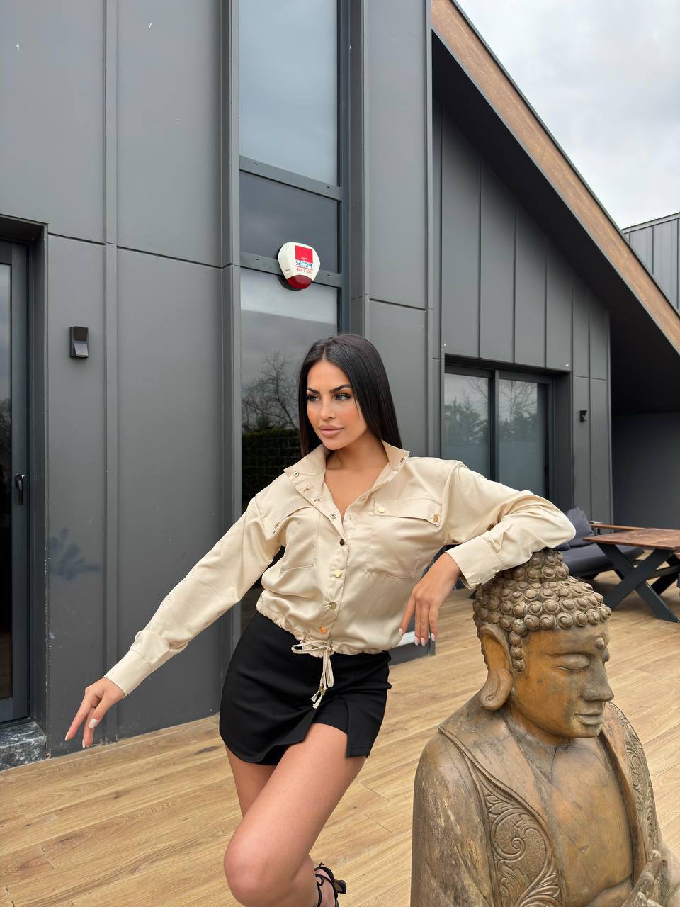 Saten Düğmeli Gömlek Krem