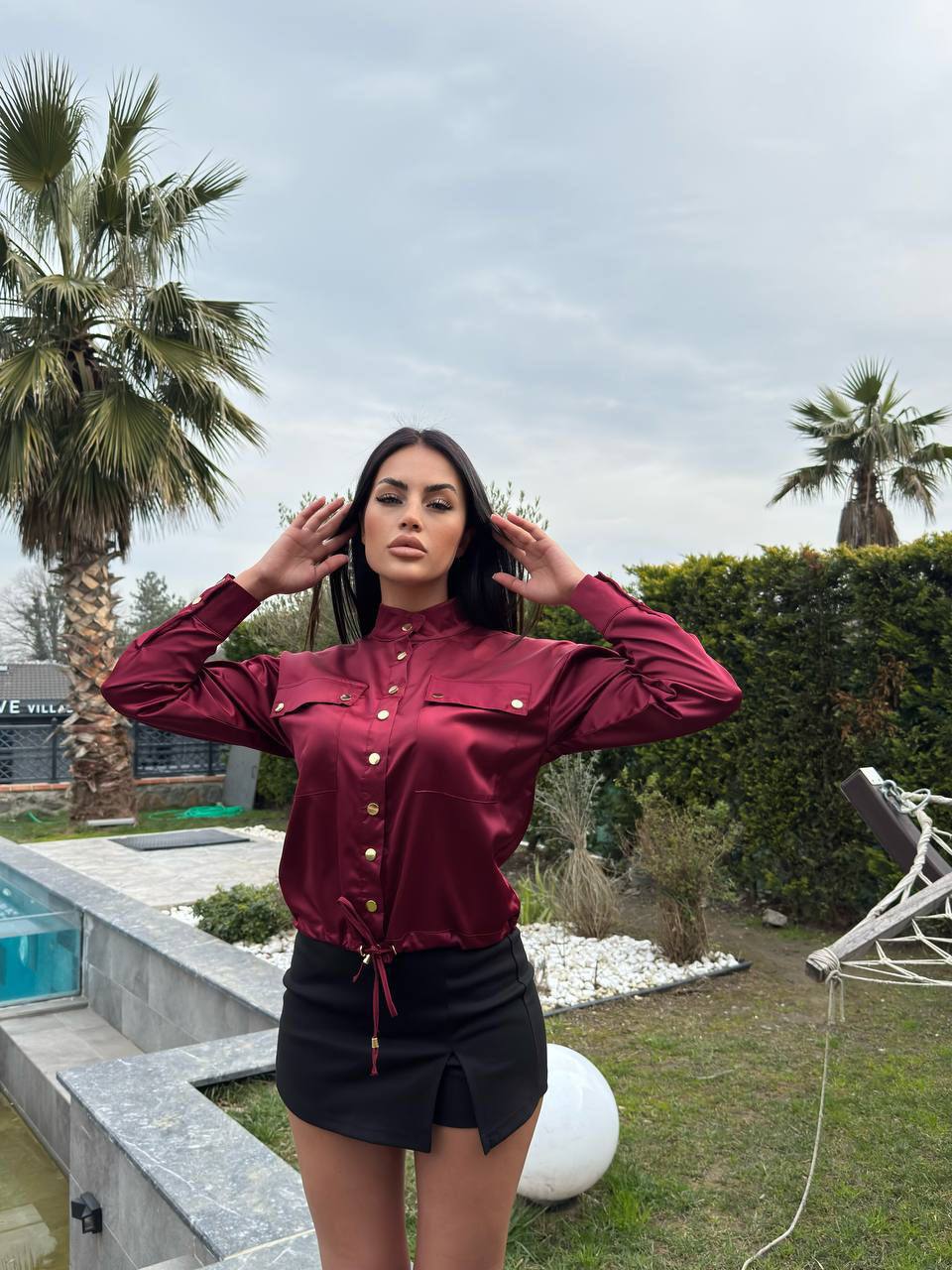 Saten Düğmeli Gömlek Bordo