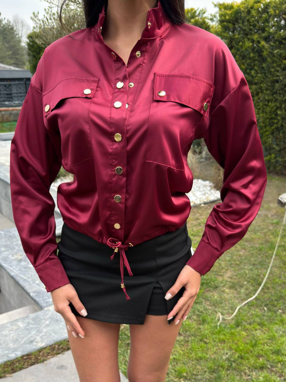 Saten Düğmeli Gömlek Bordo