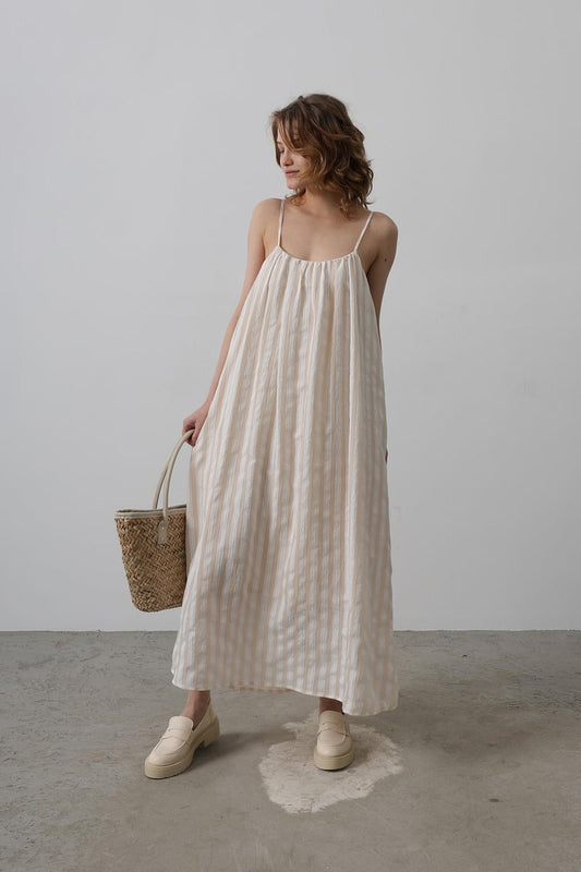 Strap Stripe Pattern Dress-Stone RY-35429